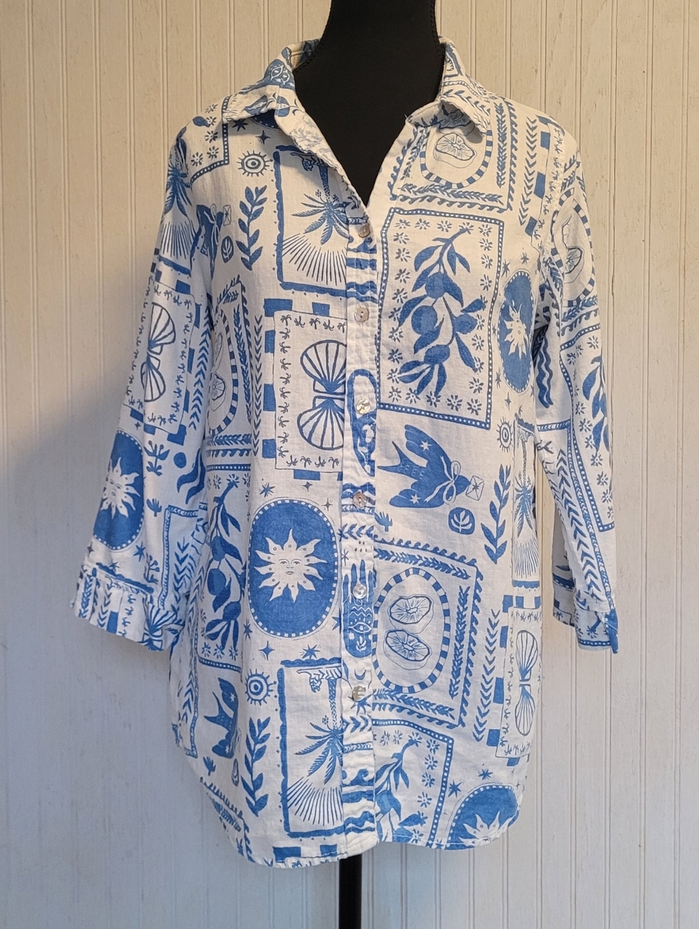 Calypso St. Barth White and Blue Printed Button-Down Shirt